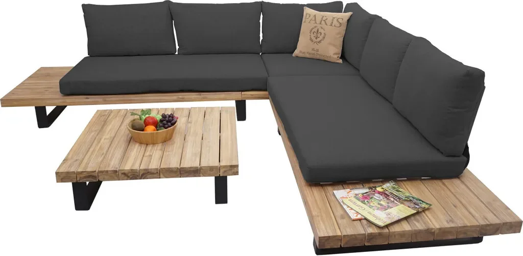 Mendler Gartenlounge HWC-H54 Akazie/Alu Sitzgruppe, Polster dunkelgrau